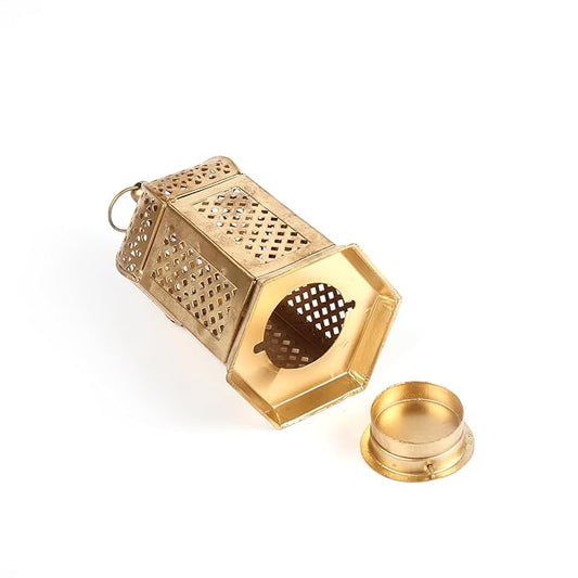 Decorative Iron T-Light Candle Holder Lantern – Golden Finish, 16 cm Height – Moroccan Style for Home Décor, Diwali, and Festive Lighting