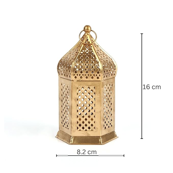 decorative iron t-light candle holder lantern – golden finish, 16 cm height – moroccan style for home décor, diwali, and festive lighting