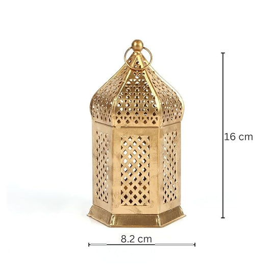 Decorative Iron T-Light Candle Holder Lantern – Golden Finish, 16 cm Height – Moroccan Style for Home Décor, Diwali, and Festive Lighting