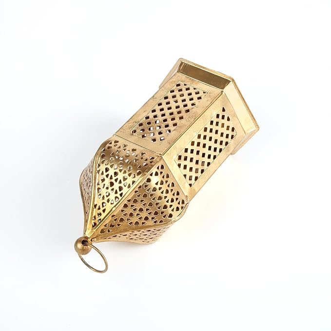 decorative iron t-light candle holder lantern – golden finish, 16 cm height – moroccan style for home décor, diwali, and festive lighting
