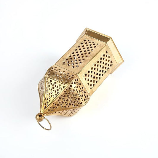 Decorative Iron T-Light Candle Holder Lantern – Golden Finish, 16 cm Height – Moroccan Style for Home Décor, Diwali, and Festive Lighting