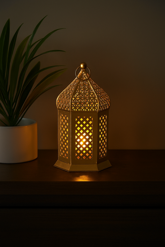 Decorative Iron T-Light Candle Holder Lantern – Golden Finish, 16 cm Height – Moroccan Style for Home Décor, Diwali, and Festive Lighting