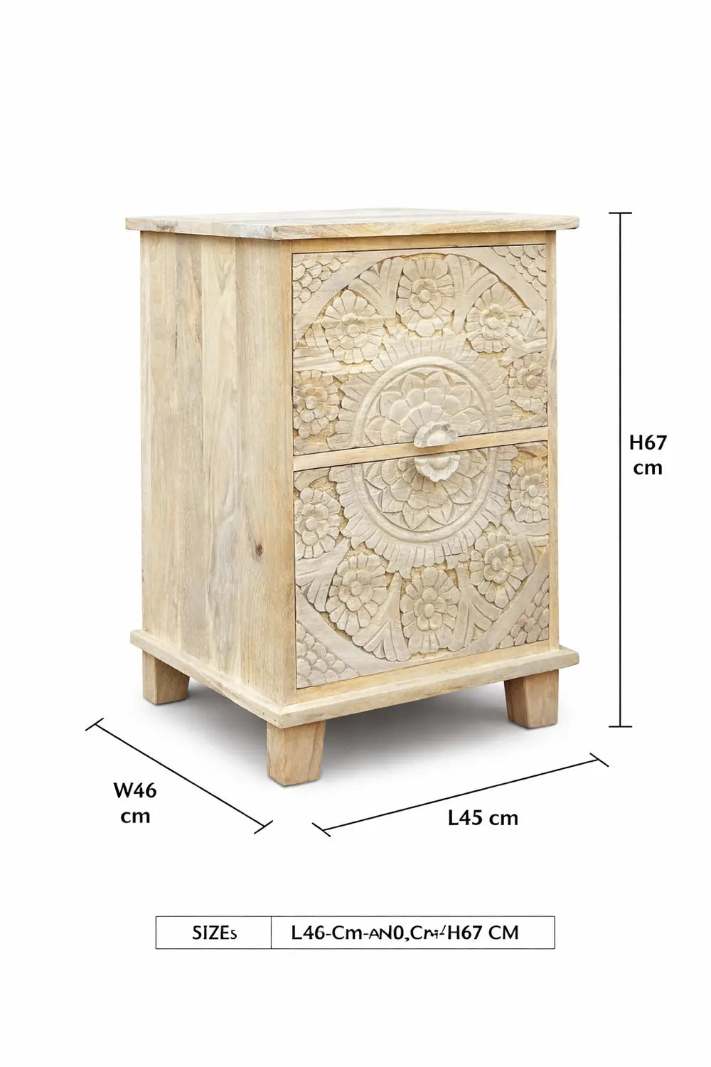 the blue cottage hand carved white bleached wooden bedside table with 2 drawers | floral design | set of 2