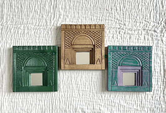 Temple Mirror Frames – Wooden Wall Decor (Brown, Green & Purple Mix) | Handcrafted Decorative Mirror Frames