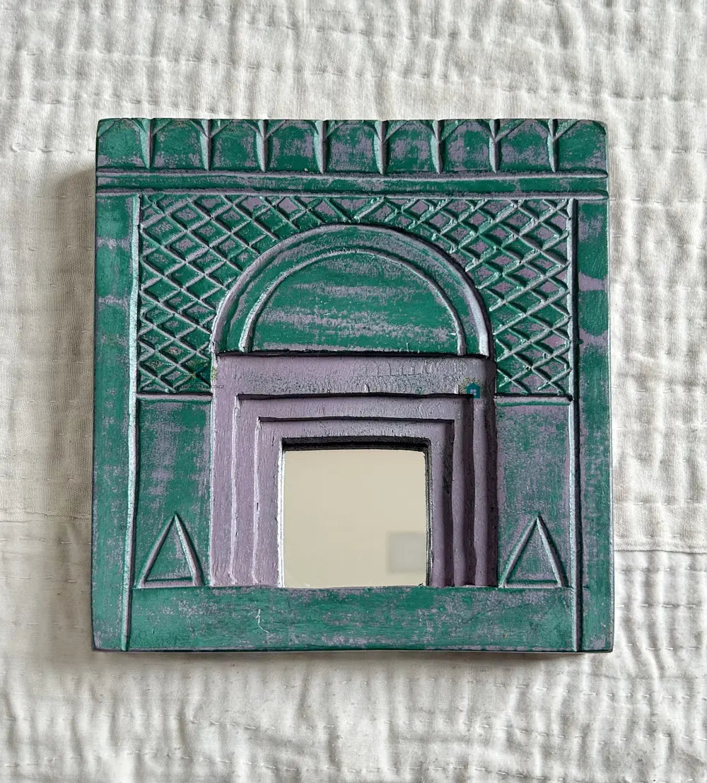 temple mirror frames – wooden wall decor (brown, green & purple mix) | handcrafted decorative mirror frames