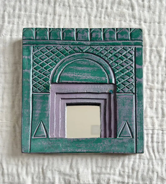 Temple Mirror Frames – Wooden Wall Decor (Brown, Green & Purple Mix) | Handcrafted Decorative Mirror Frames