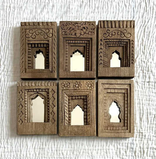 Set of 6 Handcrafted Wooden Temple Mirror Frames – Brown Decorative Wall Art