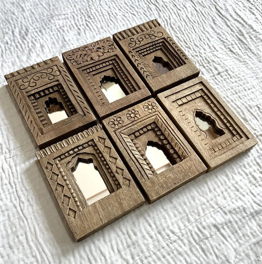 Set of 6 Handcrafted Wooden Temple Mirror Frames – Brown Decorative Wall Art