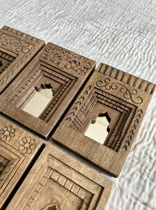 Set of 6 Handcrafted Wooden Temple Mirror Frames – Brown Decorative Wall Art