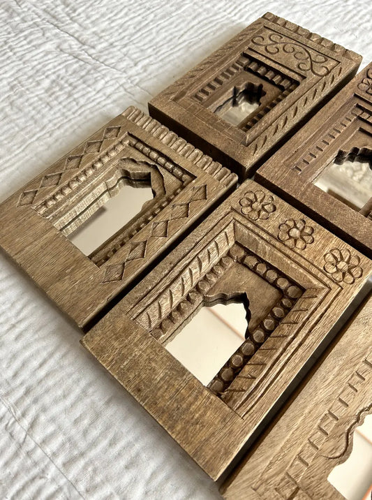 Set of 6 Handcrafted Wooden Temple Mirror Frames – Brown Decorative Wall Art