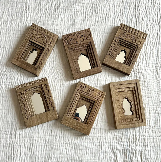 Set of 6 Handcrafted Wooden Temple Mirror Frames – Brown Decorative Wall Art