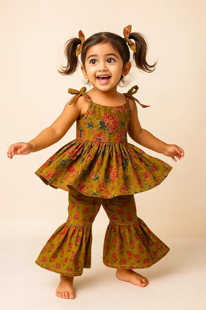 girls’ traditional floral peplum top & flared pants set – olive green handblock print