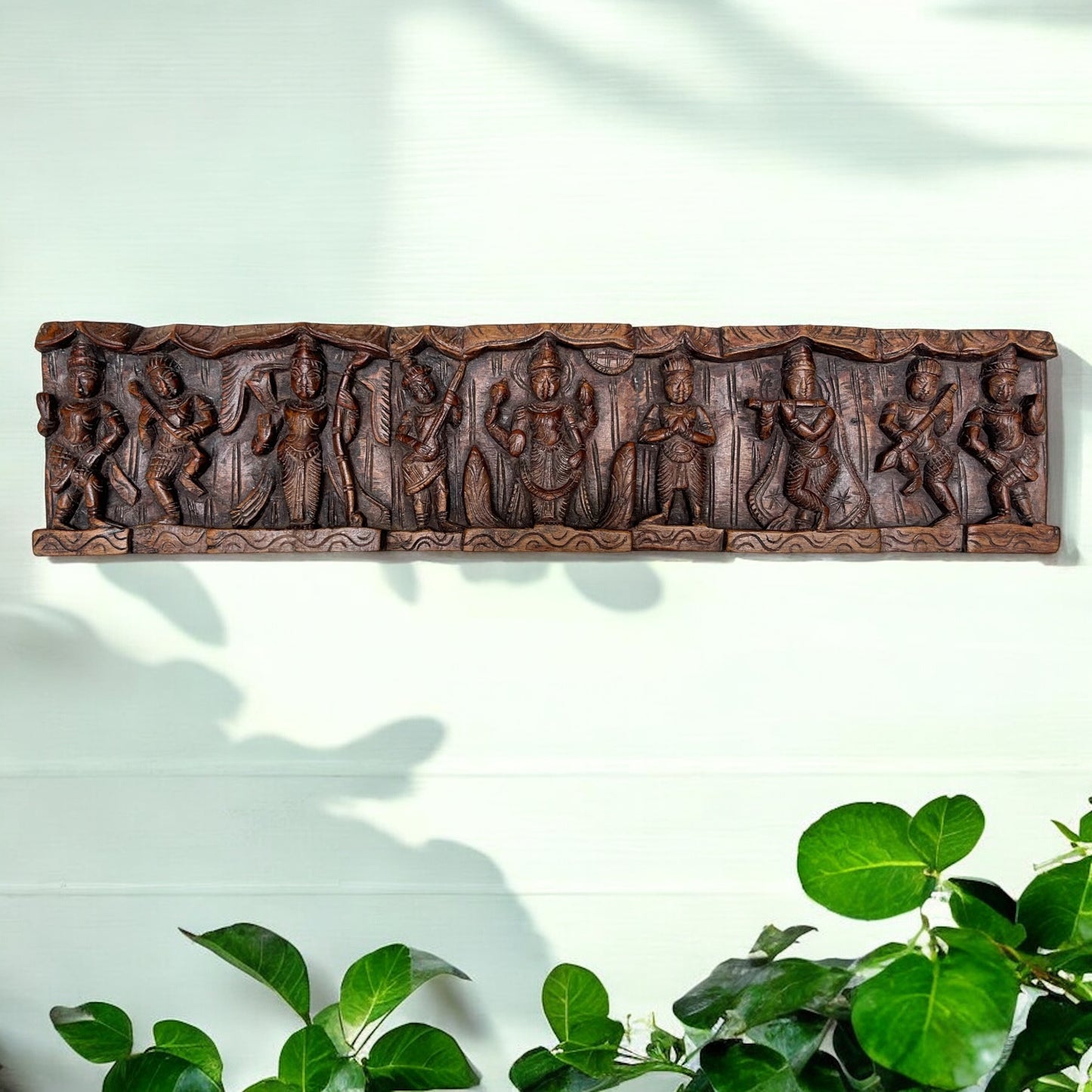 hand-carved wooden wall panel | antique brown lord vishnu dashavatara decor