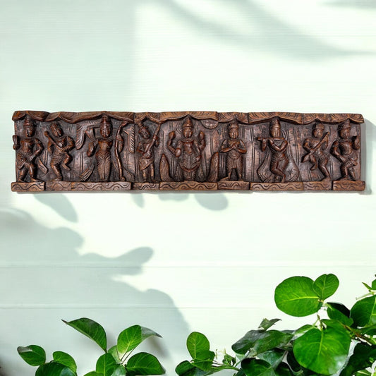 Hand-Carved Wooden Wall Panel | Antique Brown Lord Vishnu Dashavatara Decor