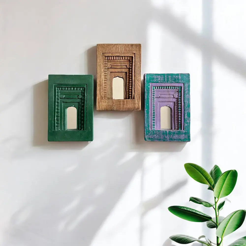 temple mirror frames – wooden wall decor (brown, green & purple mix) | handcrafted decorative mirror frames