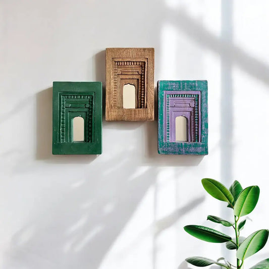 Temple Mirror Frames – Wooden Wall Decor (Brown, Green & Purple Mix) | Handcrafted Decorative Mirror Frames