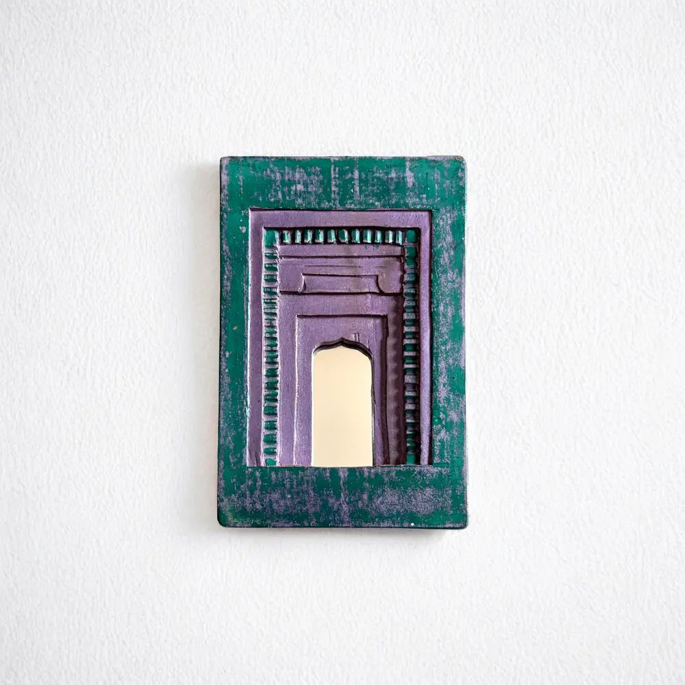 temple mirror frames – wooden wall decor (brown, green & purple mix) | handcrafted decorative mirror frames