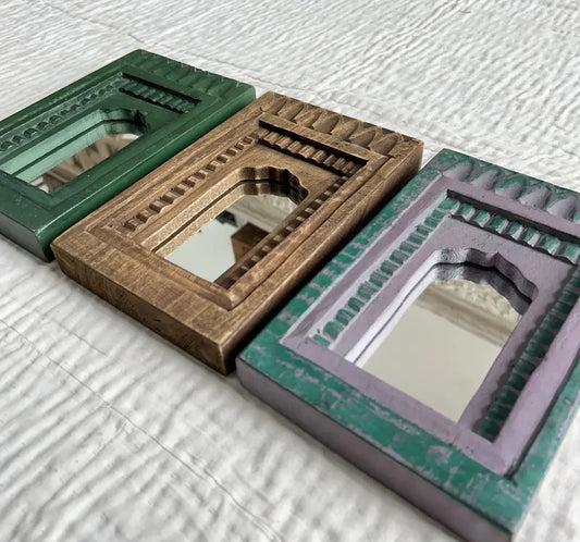 Temple Mirror Frames – Wooden Wall Decor (Brown, Green & Purple Mix) | Handcrafted Decorative Mirror Frames