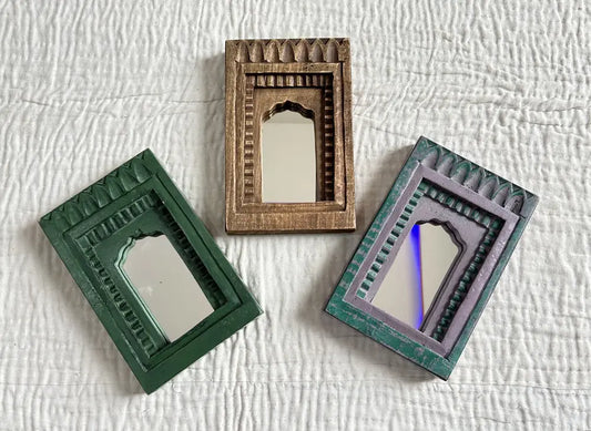 Temple Mirror Frames – Wooden Wall Decor (Brown, Green & Purple Mix) | Handcrafted Decorative Mirror Frames