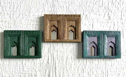 Temple Mirror Frames – Wooden Wall Decor (Brown, Green & Purple Mix) | Handcrafted Decorative Mirror Frames