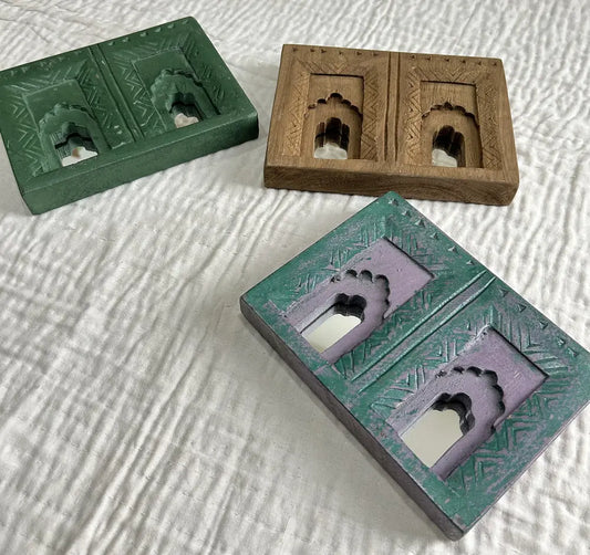Temple Mirror Frames – Wooden Wall Decor (Brown, Green & Purple Mix) | Handcrafted Decorative Mirror Frames