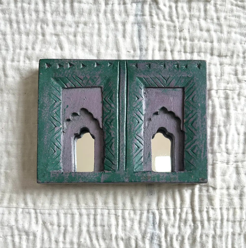 temple mirror frames – wooden wall decor (brown, green & purple mix) | handcrafted decorative mirror frames