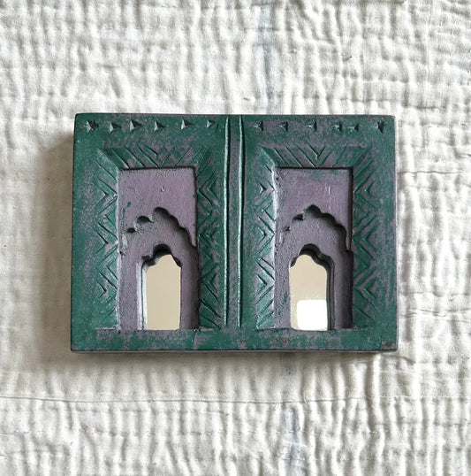 Temple Mirror Frames – Wooden Wall Decor (Brown, Green & Purple Mix) | Handcrafted Decorative Mirror Frames