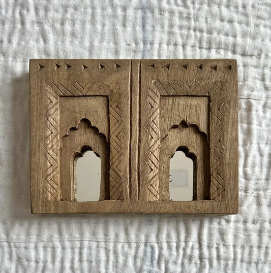 Temple Mirror Frames – Wooden Wall Decor (Brown, Green & Purple Mix) | Handcrafted Decorative Mirror Frames