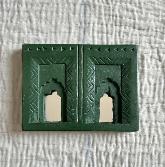 Temple Mirror Frames – Wooden Wall Decor (Brown, Green & Purple Mix) | Handcrafted Decorative Mirror Frames