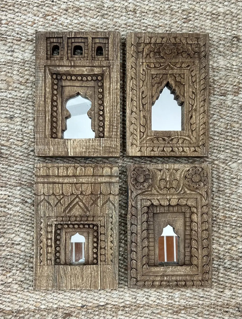 set of 4 wooden temple mirror frames – handcrafted wall décor