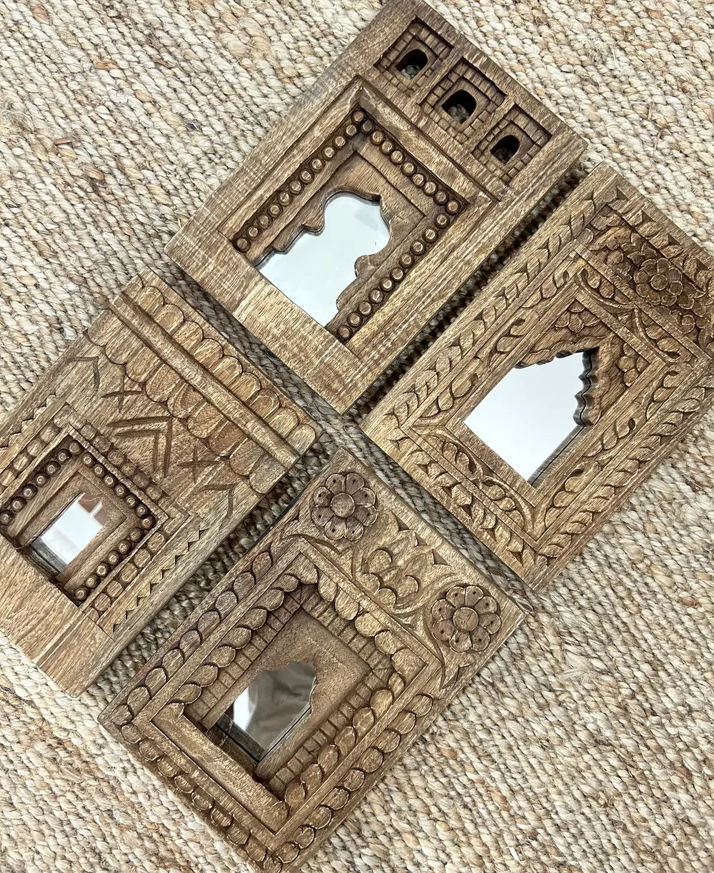 set of 4 wooden temple mirror frames – handcrafted wall décor