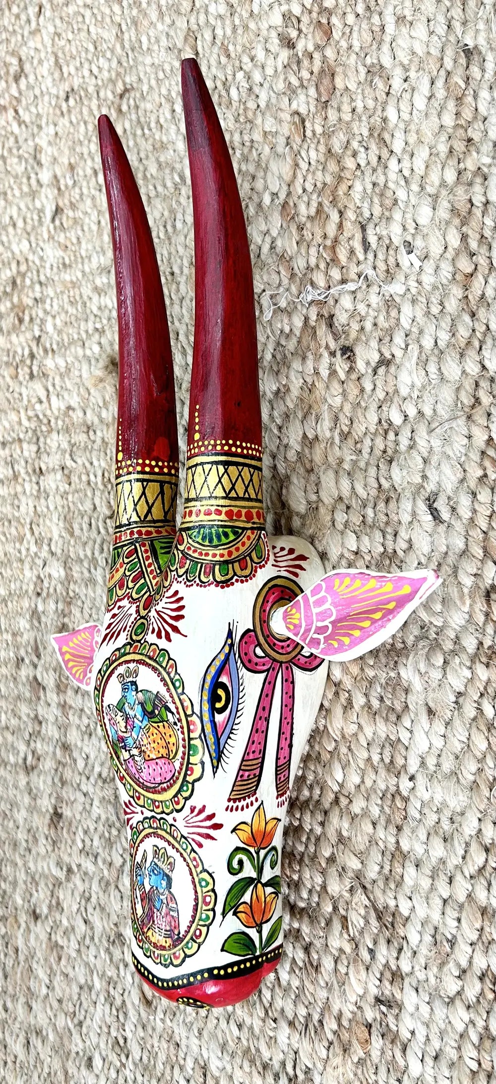 hand-painted wooden cow head wall décor – traditional indian art