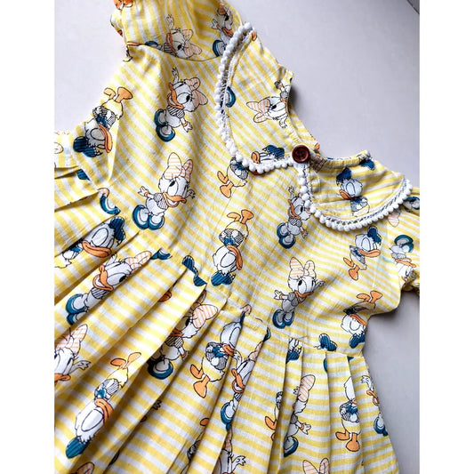 Yellow Cartoon Print Cotton Frock for Girls – Donald & Daisy Duck Design