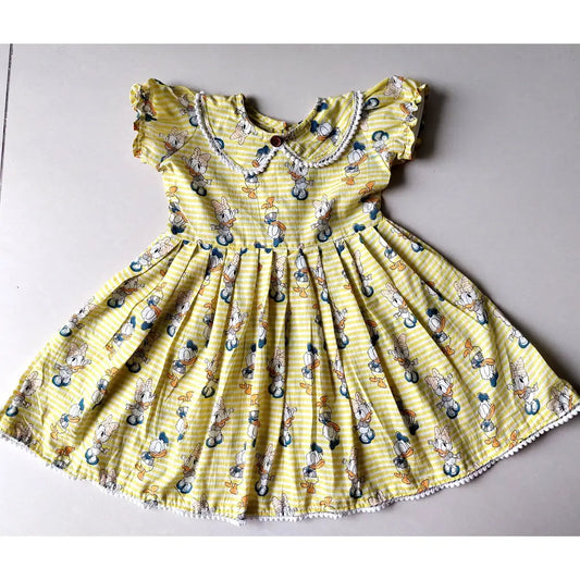 Yellow Cartoon Print Cotton Frock for Girls – Donald & Daisy Duck Design