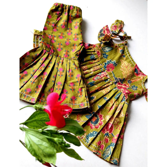 Girls’ Traditional Floral Peplum Top & Flared Pants Set – Olive Green Handblock Print