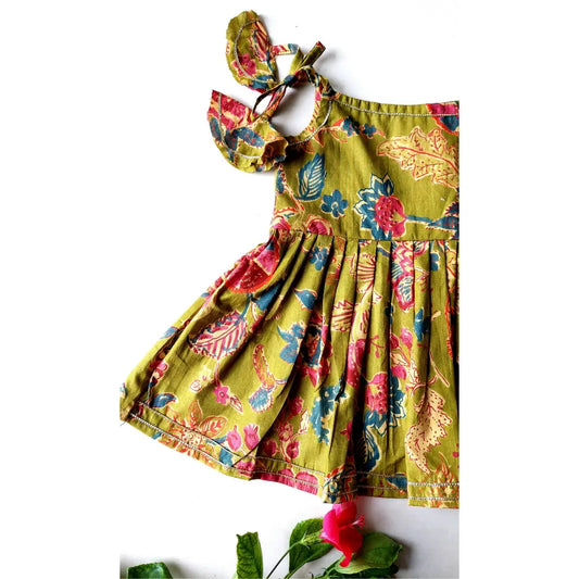 Girls’ Traditional Floral Peplum Top & Flared Pants Set – Olive Green Handblock Print