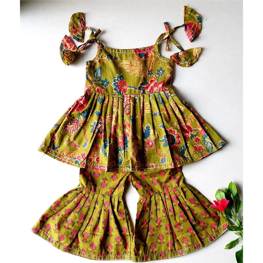 Girls’ Traditional Floral Peplum Top & Flared Pants Set – Olive Green Handblock Print