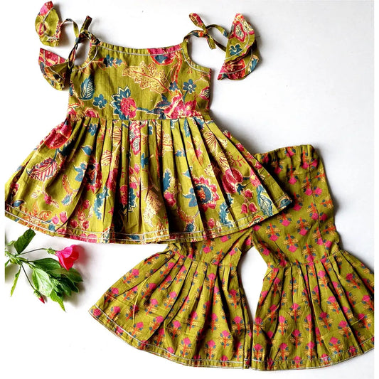 Girls’ Traditional Floral Peplum Top & Flared Pants Set – Olive Green Handblock Print