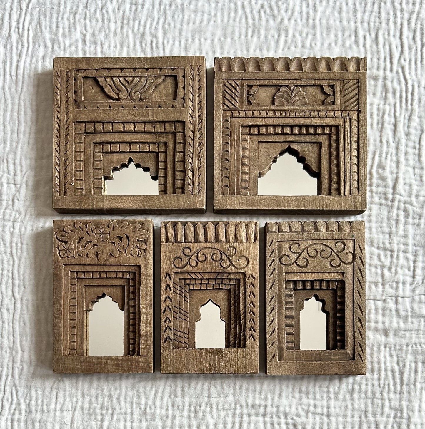 hand-carved wooden temple mirror frame set (set of 5)