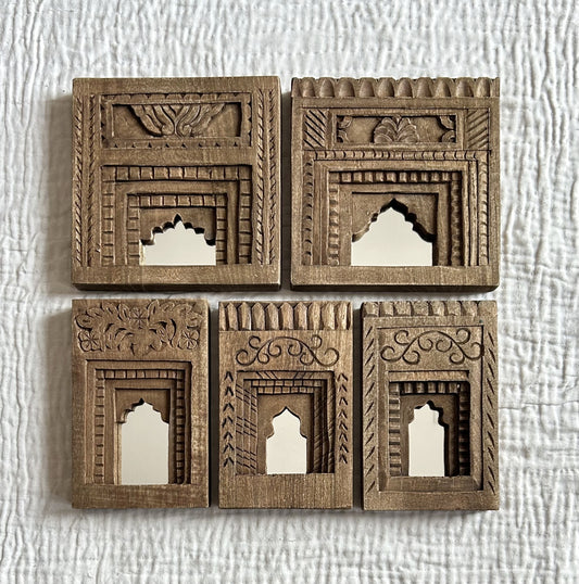 Hand-Carved Wooden Temple Mirror Frame Set (Set of 5)