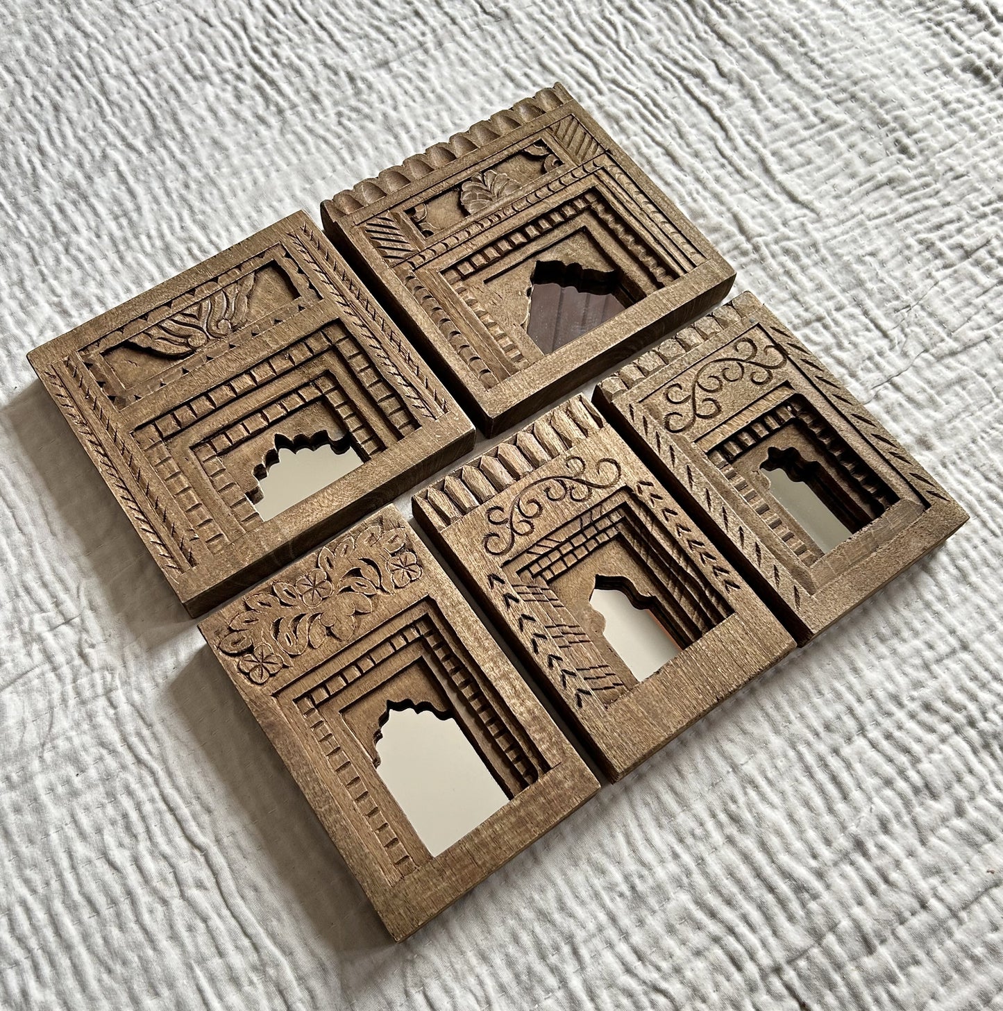 hand-carved wooden temple mirror frame set (set of 5)
