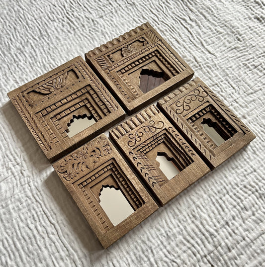 Hand-Carved Wooden Temple Mirror Frame Set (Set of 5)