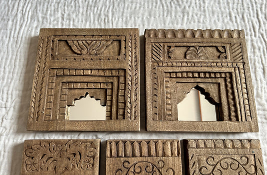 Hand-Carved Wooden Temple Mirror Frame Set (Set of 5)