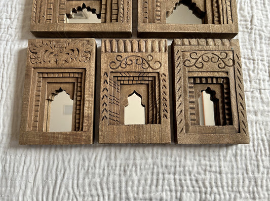 Hand-Carved Wooden Temple Mirror Frame Set (Set of 5)