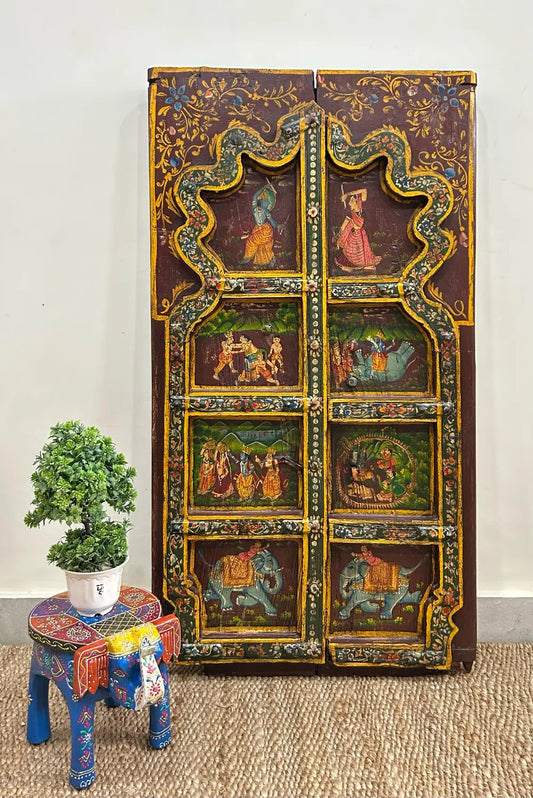 Handcrafted Rajasthani Painted Wooden Door Wall Hanging – Vintage Decorative Art Panel