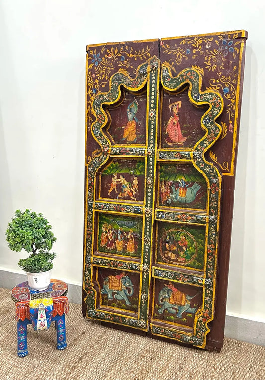 Handcrafted Rajasthani Painted Wooden Door Wall Hanging – Vintage Decorative Art Panel