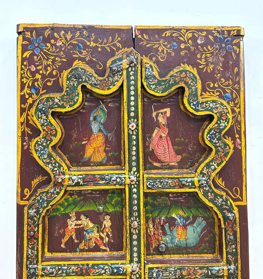 Handcrafted Rajasthani Painted Wooden Door Wall Hanging – Vintage Decorative Art Panel