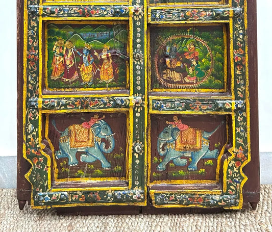 Handcrafted Rajasthani Painted Wooden Door Wall Hanging – Vintage Decorative Art Panel