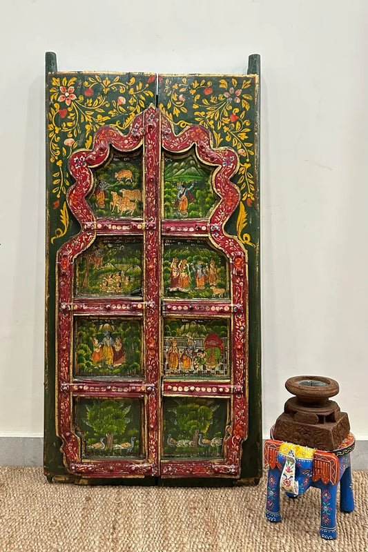 Handcrafted Rajasthani Painted Wooden Door Wall Hanging – Vintage Decorative Art Panel