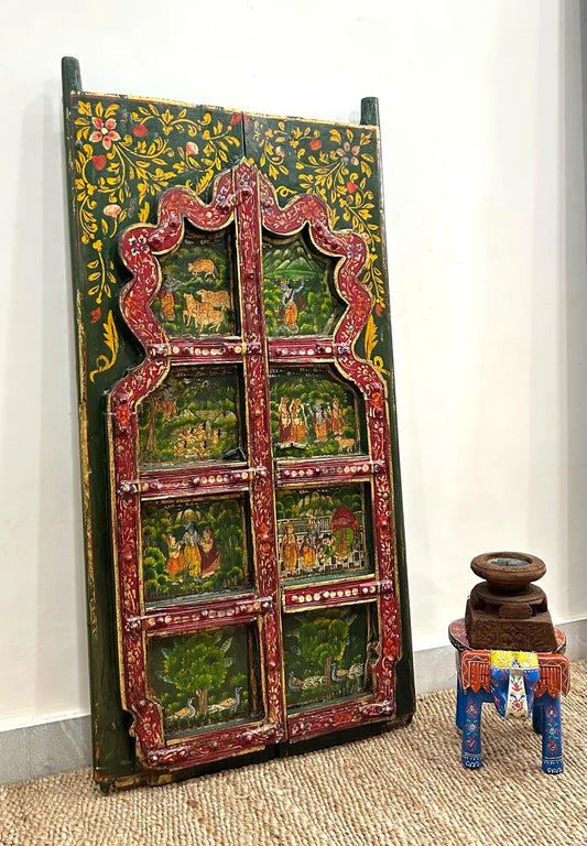 Handcrafted Rajasthani Painted Wooden Door Wall Hanging – Vintage Decorative Art Panel